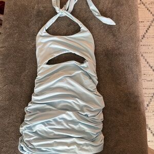 Light Blue Ruched Halter Dress